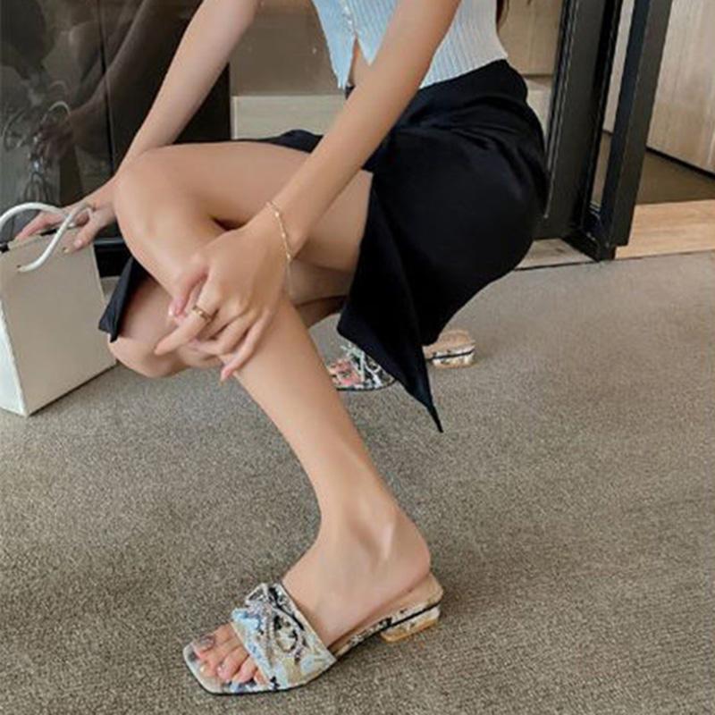 Slippers Women's Summer Wear Thick-heeled Sandals and Slippers All-match Bow-knot Square Toe Korean Style Non-slip