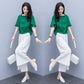 Cotton and Linen Large Size Loose Round Neck Short-sleeved Shirt Casual Wide-leg Pants Two-piece Fabric Lightweight Breathable Large Size Ladies Suit