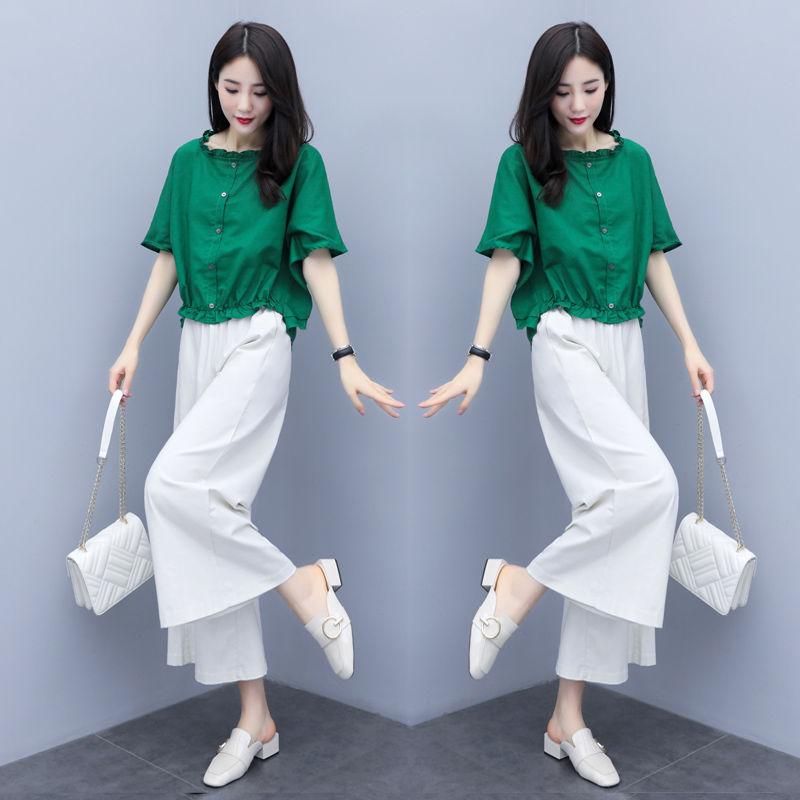 Cotton and Linen Large Size Loose Round Neck Short-sleeved Shirt Casual Wide-leg Pants Two-piece Fabric Lightweight Breathable Large Size Ladies Suit