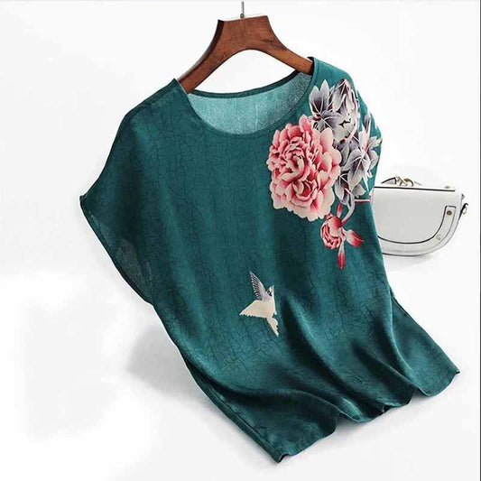 One-piece Printed Round Neck Top T-shirt Loose Short-sleeved Slimming Bottoming Shirt for Women Comfortable Cool and Breathable