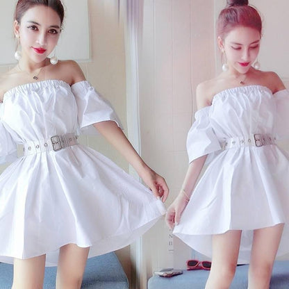 Sexy White Off Shoulder Belt Sexy Slash Neck Dress Elegant Club  Party Dress Women Short Dress