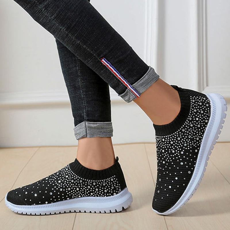 Women's Fashion Knitted Casual Shoes Sneakers Shiny Socks Slippers Breathable Mesh Crystal Sneakers Flat Soft Sole Women's Shoes