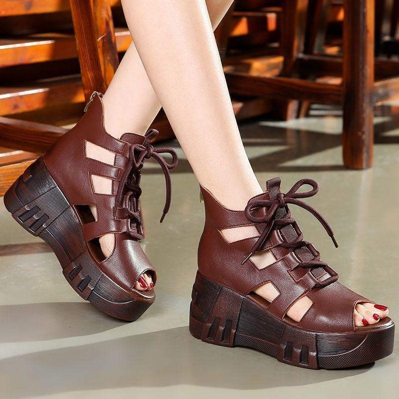 Summer Hollow Sandals  Slope-heel Platform Sandals  Fish Mouth Lace-up High-heeled Soft Leather Ethnic Roman Women’s Shoes