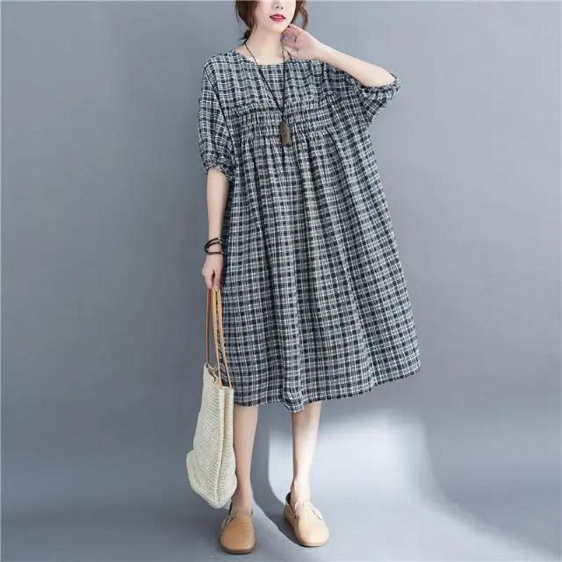 WTEMPO Puff Sleeve Plus Size Ladies Dress Summer 1/2 Sleeve Round Neck Long Dress Casual Mid-calf Length Plaid Dress