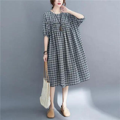 WTEMPO Puff Sleeve Plus Size Ladies Dress Summer 1/2 Sleeve Round Neck Long Dress Casual Mid-calf Length Plaid Dress