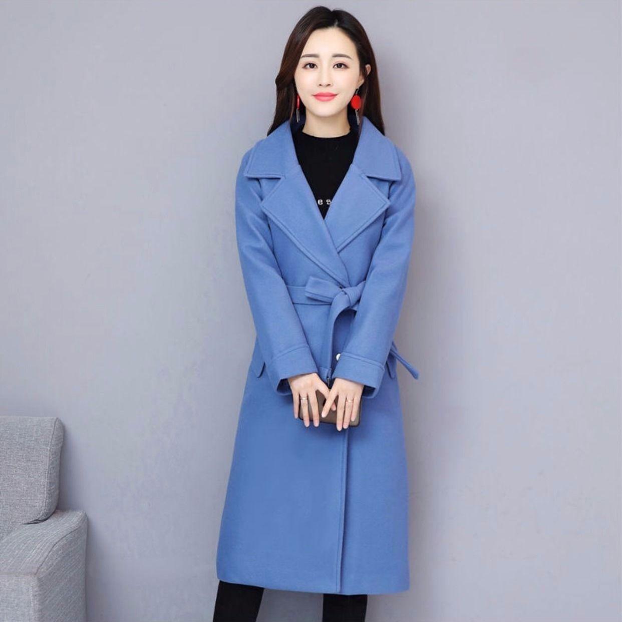 Long Women's Coat Lapel Pocket Belted Jackets Solid Color Coats Female Elegant Outerwear Ladies Coat