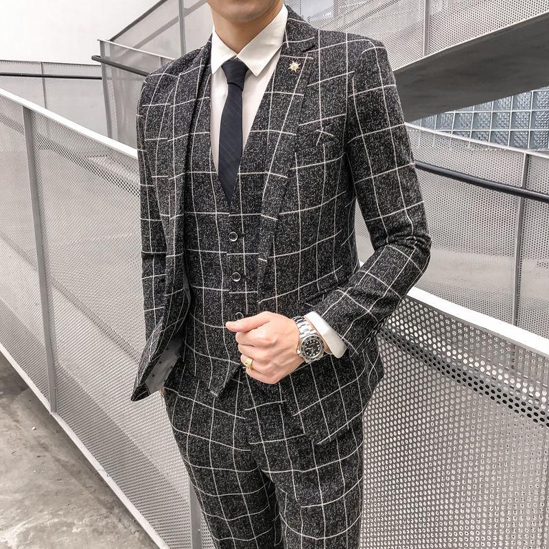 Men's Fashion Suit Solid Color Business Casual Jacket Pants Vest Three-piece Slim Formal Suit Groom Handsome Wedding Dress