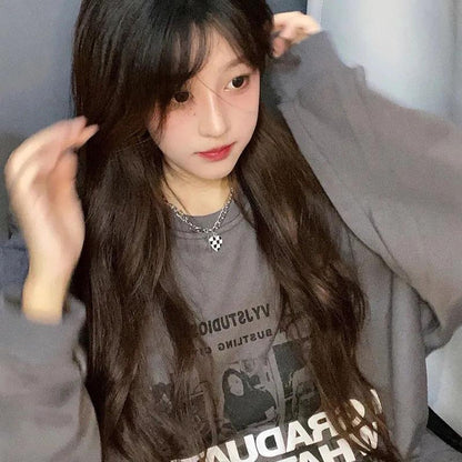 Women's Spring and Autumn Harajuku Style Round Neck Sweater Student Korean Version Loose Ins Long-sleeved Top Ladies Casual Loose Pullover Shirt Top