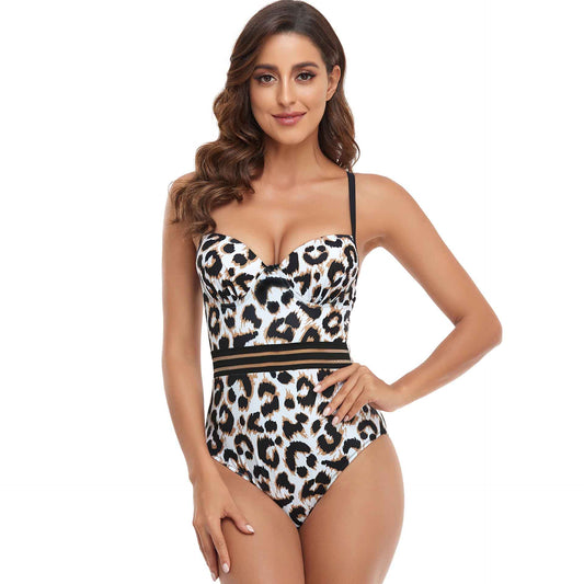 Swimsuit Women's Hard Cup Leopard Print One Piece Stitching Gathered Ladies Swimsuit Cross Straps