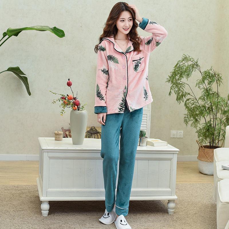 Genuine Flannel Autumn and Winter Women's Pajamas Plus Velvet Thick Coral Fleece Suit Large Size Warm Home Service
