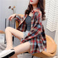 POLO Collar Contrast Color Plaid Brushed Loose Shirt Women's Spring and Autumn Retro Top