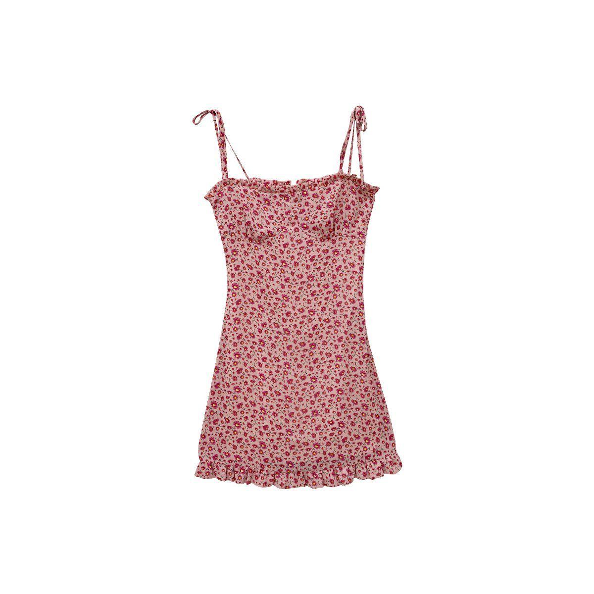 Women's Summer French Elegant Retro Pink Floral Suspender with Ruffle Bra Dress