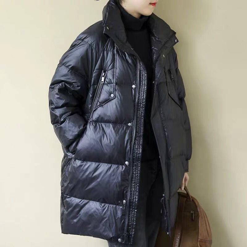 Mid-length Down Jacket Women Winter Korean Version of Loose Stand-up Collar Shiny Down Jacket Bread Suit Jacket