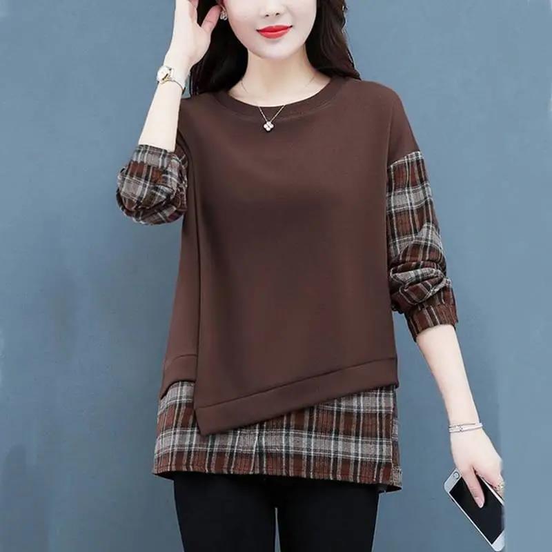 Women Plaid Stitching Shirt Summer Fake Two-piece T-shirt Boutique Casual Pullover Trendy Bottoming Shirt