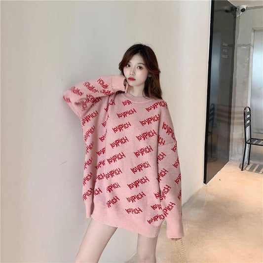 Women Letter Knitwear Crew Neck Loose Knitting Pullover Chic Solid Color Jumper Sweater Top