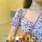 Chiffon Midi Skirt A-line Skirt Retro French Square Collar Puff Sleeves Slit Dress Oil Painting Purple Floral Skirt Elegant Temperament