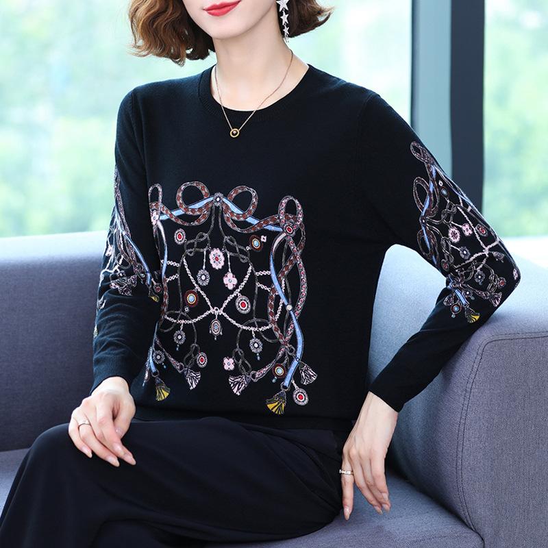 Women's Autumn and Winter Printed Sweater Round Neck Long Sleeve Knit Sweater Middle-aged and Elderly Mother Sweater