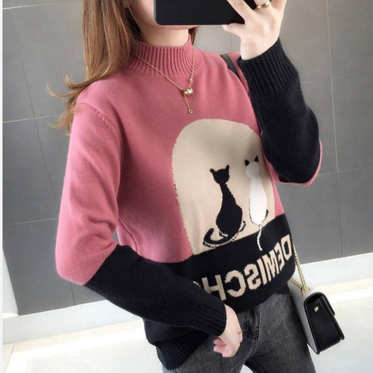 Pofulove Color Matching Knitted Base Shirt Shirt Autumn and Winter Loose Sweater Women Thickening