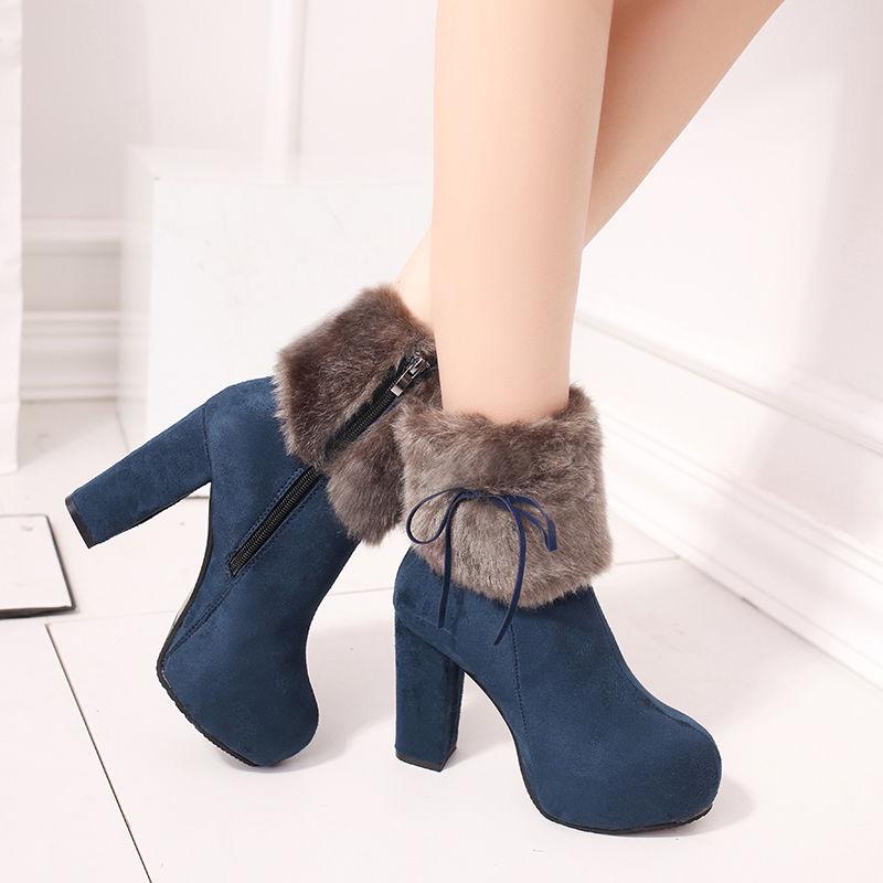 Winter Snow Boots High Heels Thick Bottom Middle Boots Cotton Shoes Black Plush Ladies Boots Women