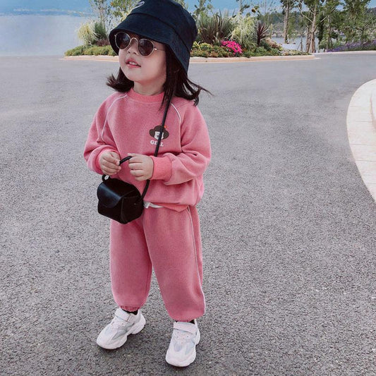 Girls' Suits Spring and Autumn Vacation Two-piece Sweater Long Pants Little Girls Loose Solid Color Two-piece Sweater Sets Casual Wear