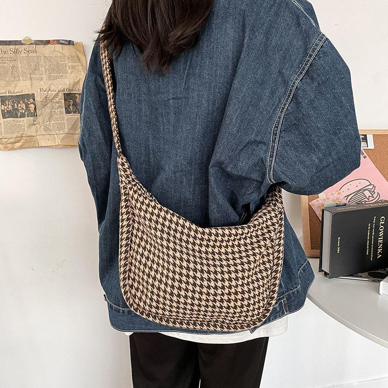 Women Houndstooth Diagonal Bag Canvas Travel Casual Large Daily Shoulder Tote Shopper Handbag Simple