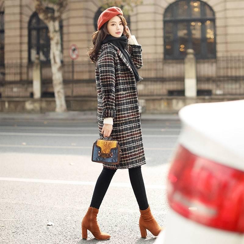 Winter Women Coat 2019 Casual Plaid Wool Coat Female Jacket Fashion Warm Solid overcoat Long Outwear