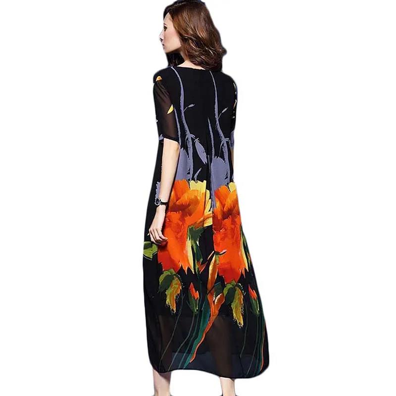 Women Summer Vintage Short Sleeve Round Collar Holiday Dress Elegant Loose Chiffon Floral Printed Long Dress