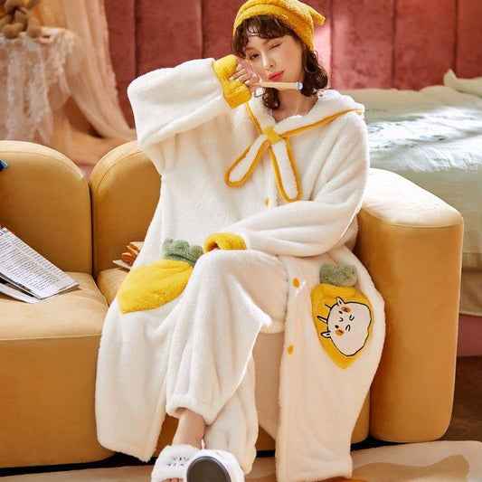 Christmas Pajamas Party Autumn and Winter Flannel Pajamas Ladies Cute Bathrobe Thickening Plus Velvet Coral Velvet Long Night Gown Home Service Suit