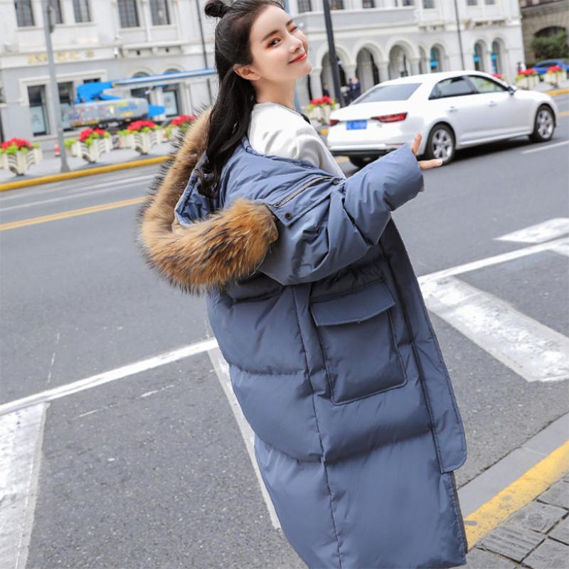 Women's Solid Color Hooded Down Jacket  Long Korean Loose Thick Coat Warm Cotton Coat  Large Wool Collar Winter Quilted Coat