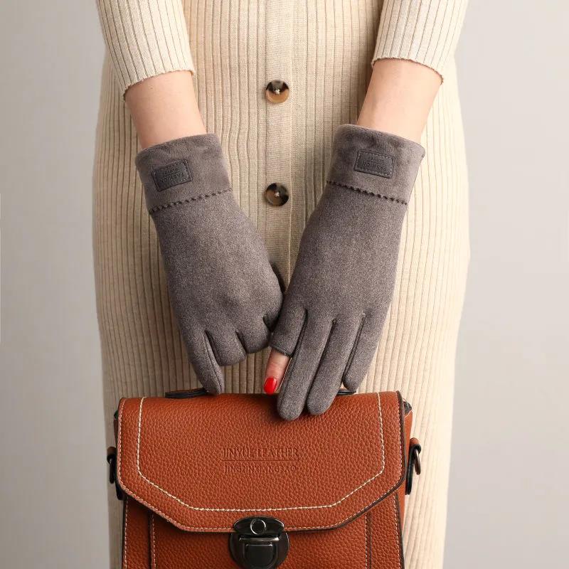 Fingerless Warm Gloves Female Winter Cute Korean Version Half-finger Plus Velvet Thick Cotton Driving Leak Two Fingers