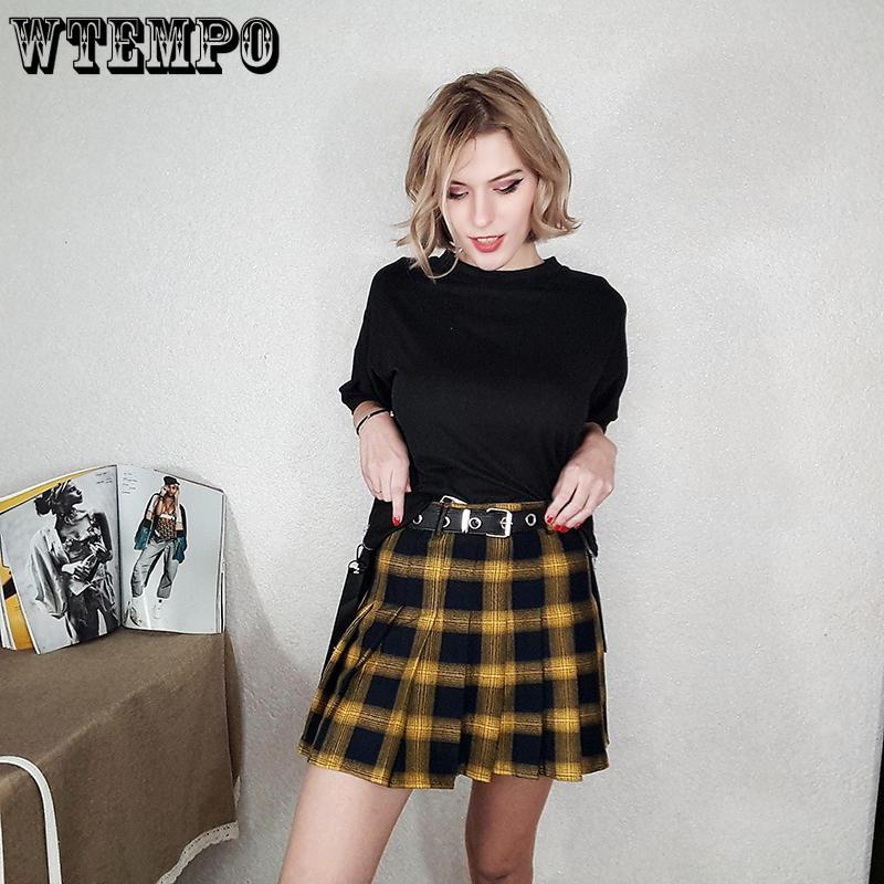 Women Skirts Cute Yellow Black Red Lattice Pleated Skirt Punk Style High Waist Short Skirt