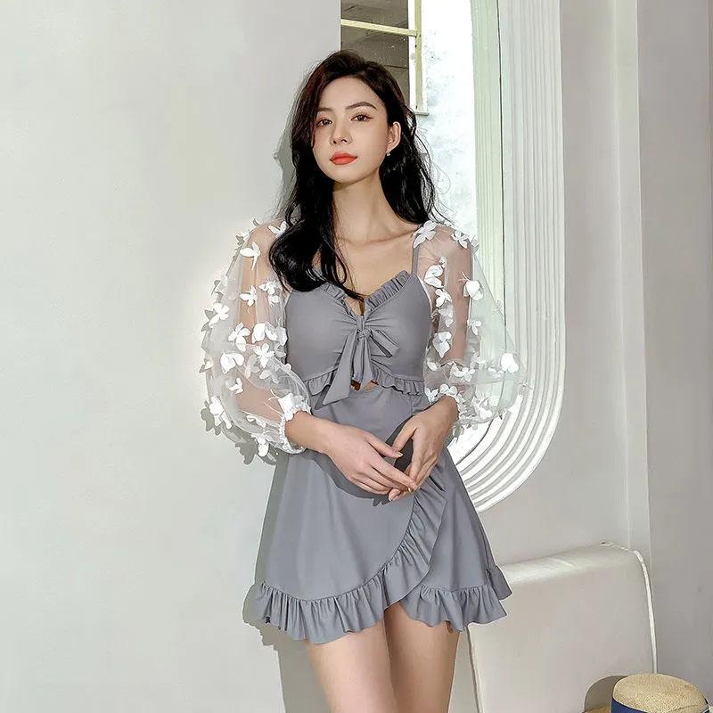 Lace Mesh Sleeve Swimsuit Women's One-Piece V-Neck Pleated Irregular Hem Beachwear Summer Sunscreen Cover Belly Slim One Piece Large Size Swimwear