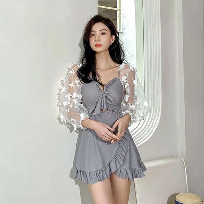 Lace Mesh Sleeve Swimsuit Women's One-Piece V-Neck Pleated Irregular Hem Beachwear Summer Sunscreen Cover Belly Slim One Piece Large Size Swimwear