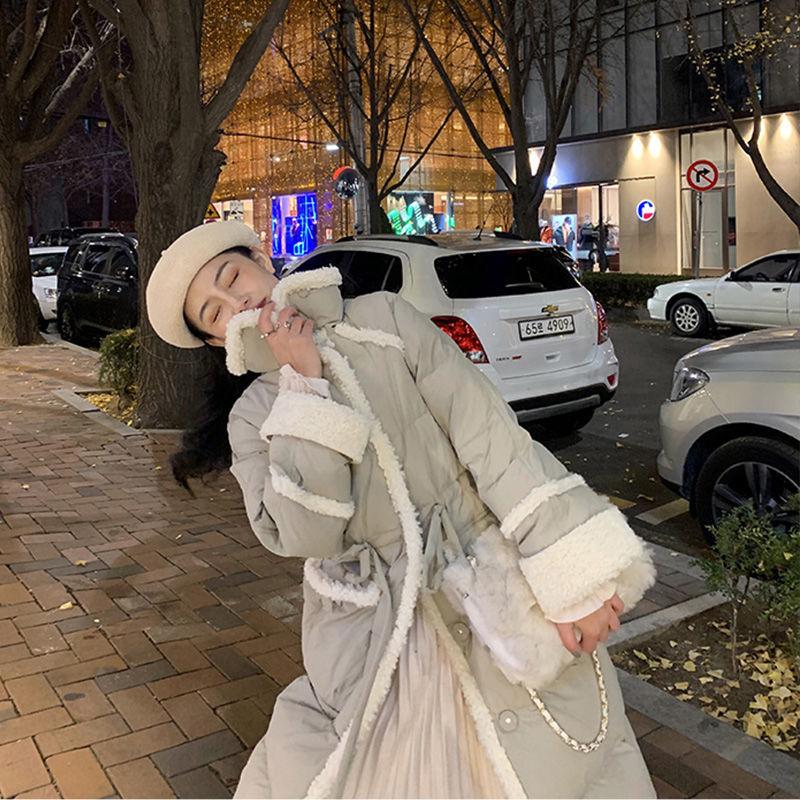 Down Jacket Women Winter Lamb Hair Stitching Mid-length White Duck Down Down Jacket Waist Slimming Winter Warm Thick Coat