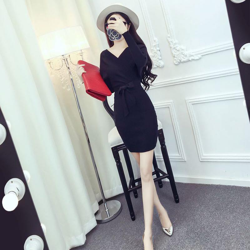 Spring and Autumn Fashion Sexy Jacket Korean Slim Dress V-neck Long Sleeve Halter Sweater
