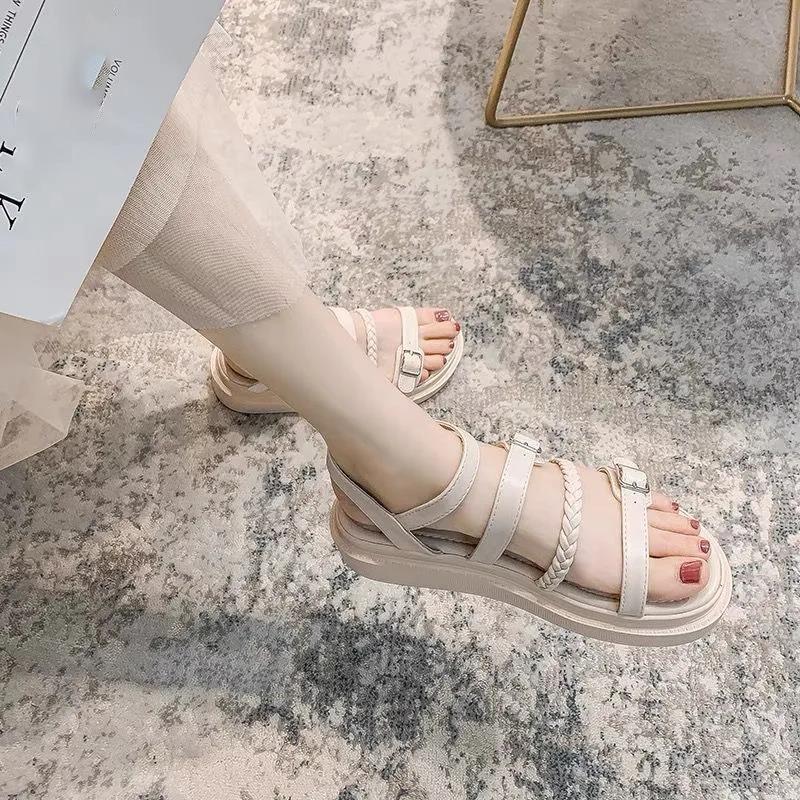 Thick-soled Sandals Women's Summer All-match Flat-bottomed Roman Shoes with A Word Buckle Simple Non-slip Thick-soled Sandals