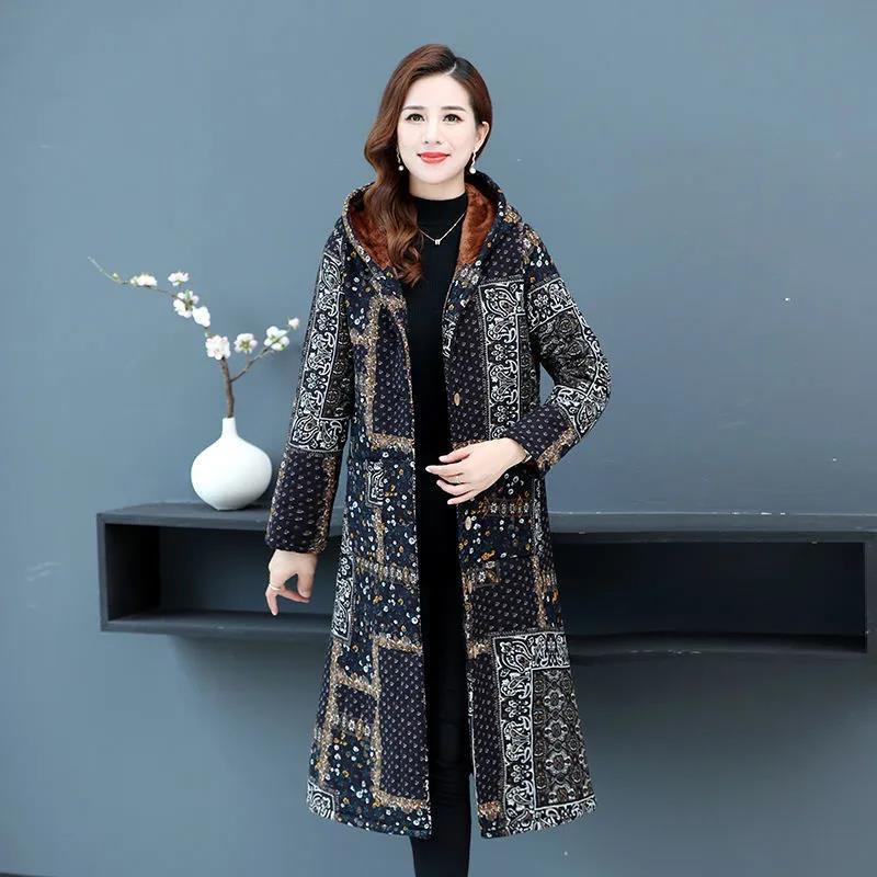 Winter Coat Plus Velvet Thickening Middle-aged and Elderly Women's Hooded Cotton Coat