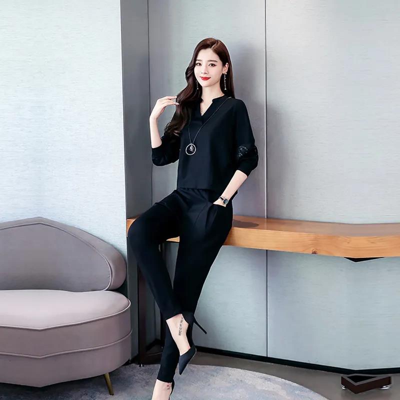 Large Size Women's Black Casual Pants Suit Is Thin and Small Fragrance Temperament Two-piece Long-sleeved Shirt + Casual Pencil Pants