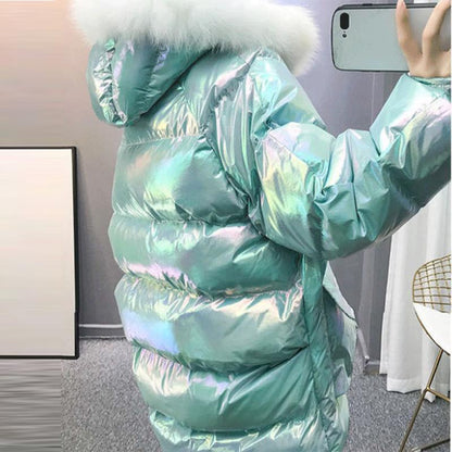 Women's Bright Face Hooded Down Jacket Mid-length Korean Loose Thick Coat Warm Cotton Coat Large Wool Collar Winter Quilted Coat