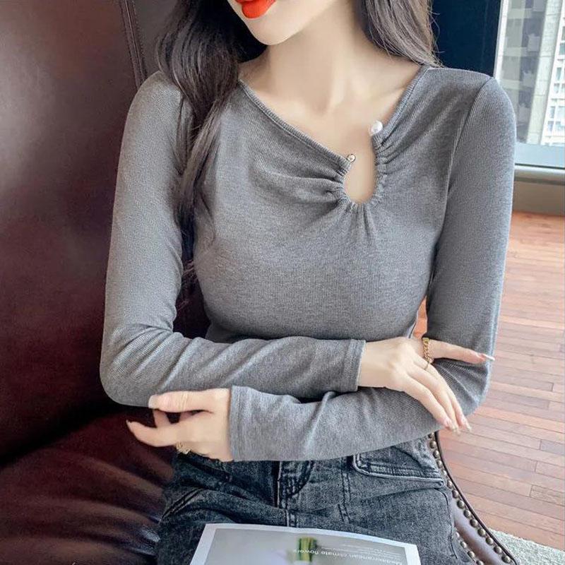 Women's Spring and Autumn Long Sleeve Top Solid Color Slim Fit All-match Bottoming Shirt