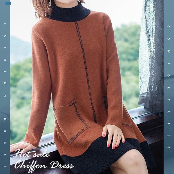 Autumn Winter High Quality Contrast Color Sweater Dress Women Knit Dress Long Loose Pullover Sweater Dress with Pockets for Inner or Outer Wear