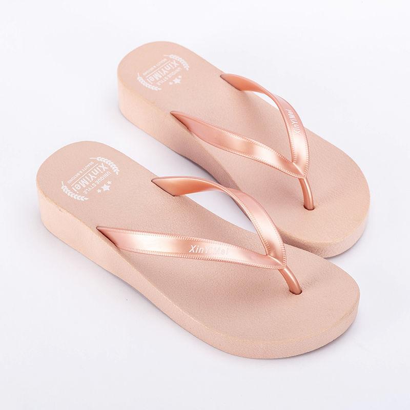 Beach Shoes Sandals and Slippers Women's Summer Wear Seaside Non-slip Thick-soled Wedges with Flip Flops Sandals Simple