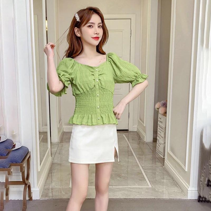 One-shoulder Puff Sleeve Shirt Women's Short-sleeved Waist Short Shirt Tops Women's Sweet Sexy Fabrics Comfortable Light and Breathable