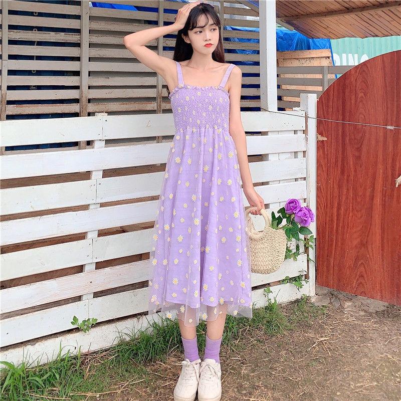 Mesh High Waist Small Daisy Suspender Skirt Small Fresh Dress Literary Retro Sweet First Love Dress Sleeveless Fairy Dress