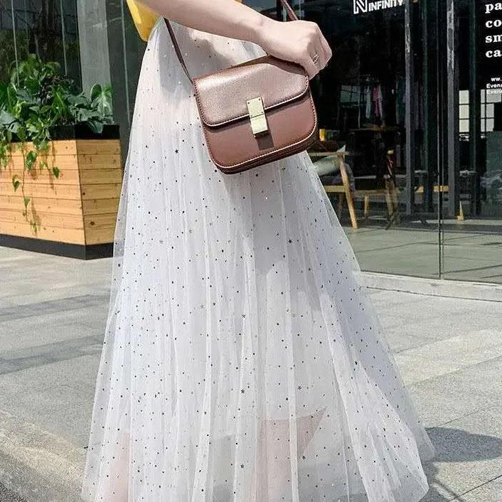 Women A-line Skirts Girls Elastic High Waist Slim Double-layered Gauze-lined Mesh Skirt Solid Color All-match Sequined Skirts