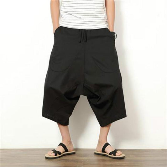 Summer Men's Loose Linen Pants Cropped Wide Leg Pants Shorts