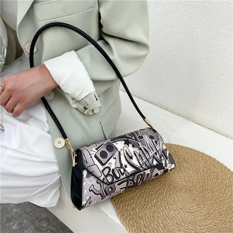 Comic Doodle Pattern PU Leather Armpit Bag for Women Shoulder Handbags Lady Elegant Baguette Bag