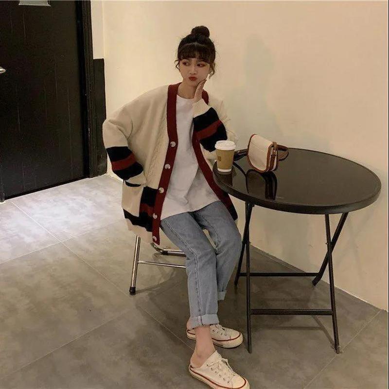 Spring  Autumn Students Loose Casual Fashion Sweater Women's Jacket Knitted Cardigan V-neck Long Sleeves
