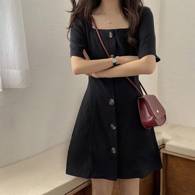 Women's Solid Color Waist Slimming Square Neck Short-sleeved Black Dress Simple Button DressMid-length A-shaped Skirt Age Reduction