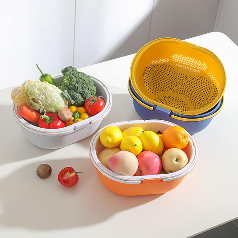 Plastic Double-layer Double-handle Washing Basket Drain Basket Kitchen Basket Household Multifunctional U-shaped Sink Fruit Basket